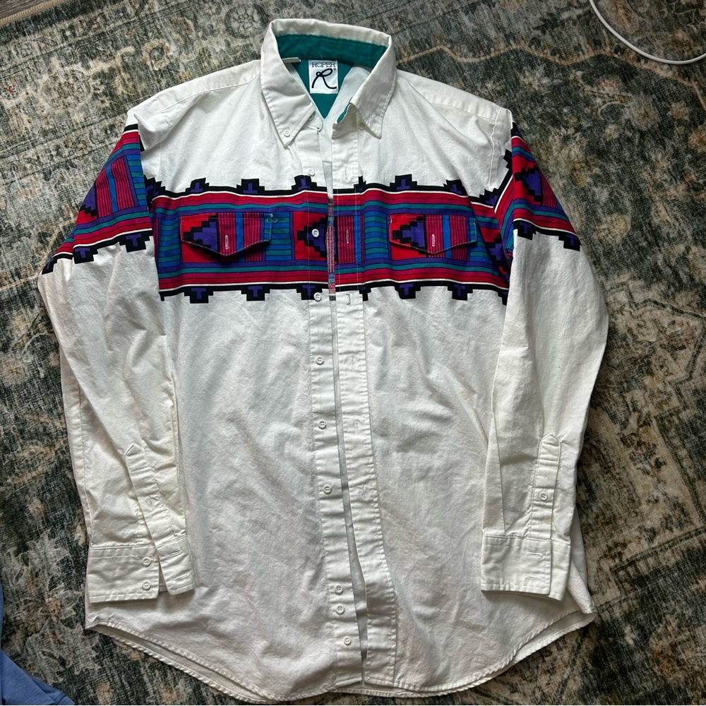 Roper‎ XL vintage button up white Aztec men's shirt